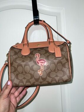 Coach Brown Signature Satchel with Pink Flamingo Accent